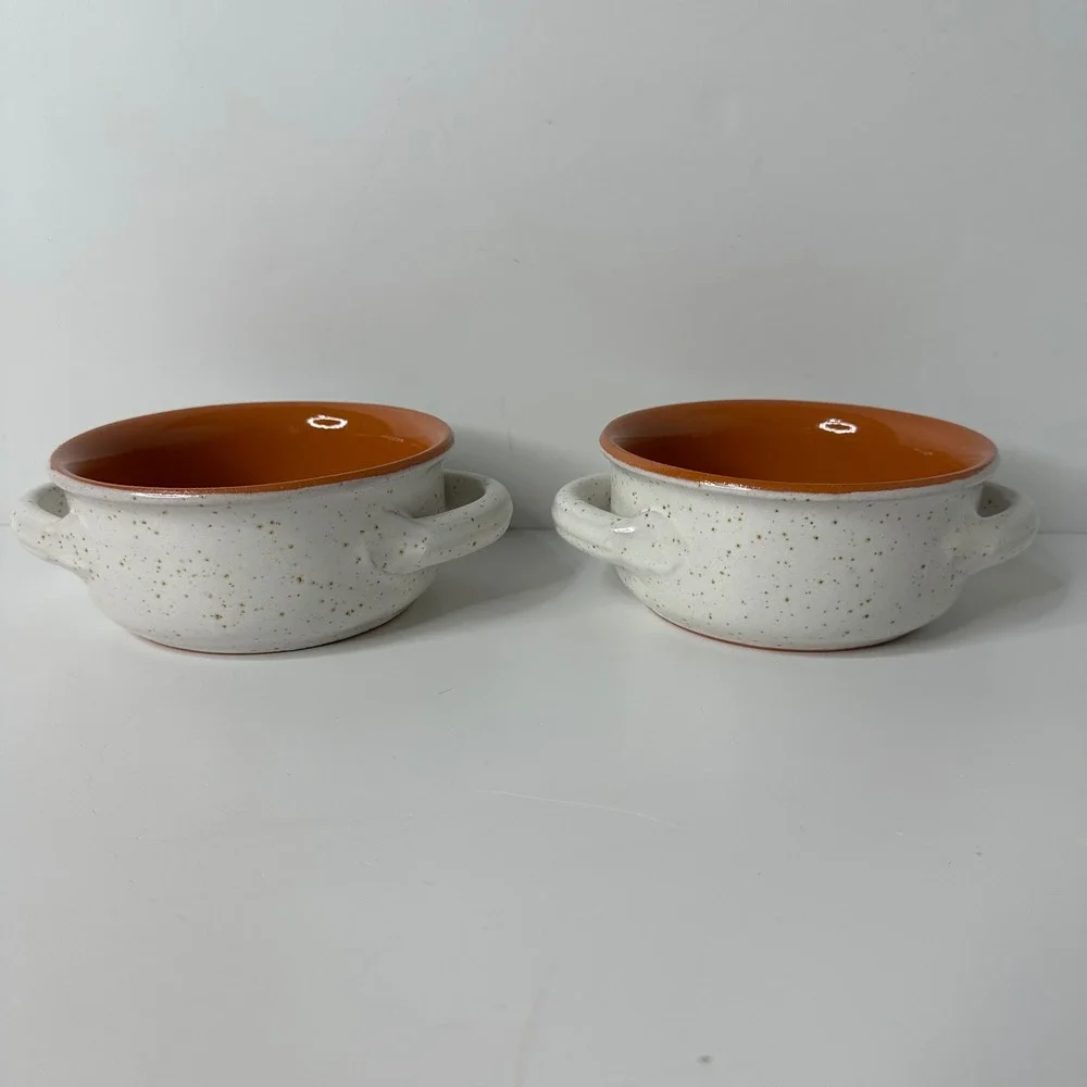 2 De Silva Italy Glazed Speckled Terracotta Soup Bowls Double Handles Farmhouse